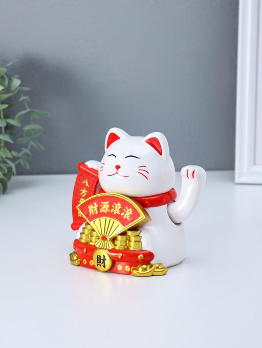 Маятник настольный антистресс от солнечной батареи «Белый кот Манэки-нэко с веером», 11.2×14.3×15.3 см