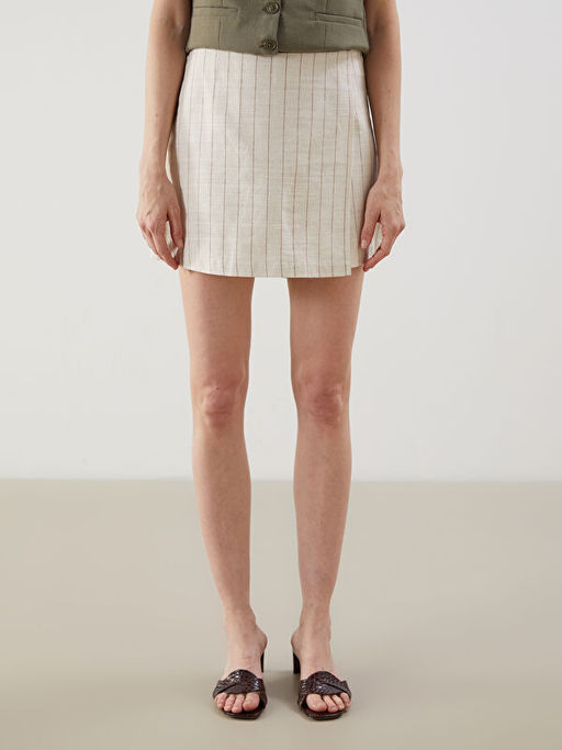 Beli Fermuarl? ?izgili Keten Kar???ml? Kad?n ?ort Etek