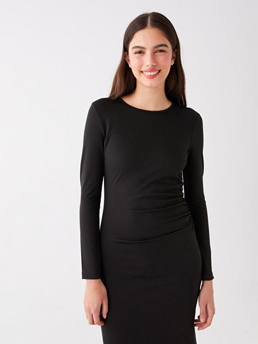 Bisiklet Yaka D?z Uzun Kollu Elbise