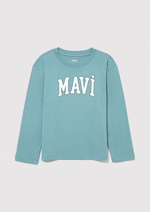 Mavi Logo Bask?l? Uzun Kollu Yesil Tisort