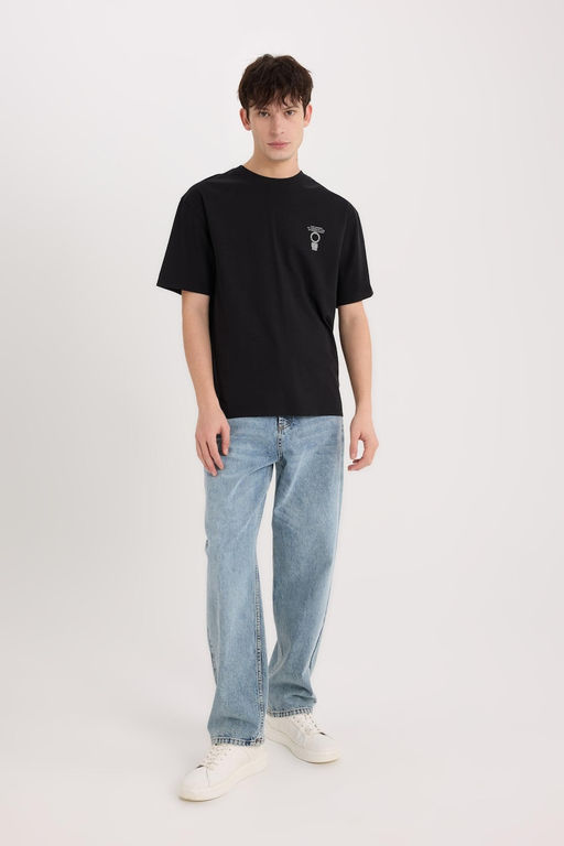 %100 Pamuk Boxy Fit Bisiklet Yaka S_rt Bask_l_ K_sa Kollu Ti__rt