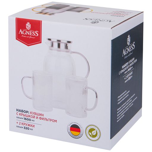 НАБОР AGNESSHIGH-TECH КУВШИН С КРЫШКОЙ ФИЛЬТРОМ 1600 МЛ + 2 КРУЖКИ 320 МЛ ЦВЕТ:ПРОЗРАЧНЫЙ  фото 2