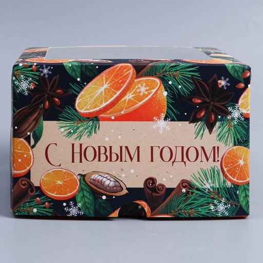 Цена за 5 шт. Коробка складная на 4 капкейка новогодняя с окном «С Новым годом», 16×16×10 см