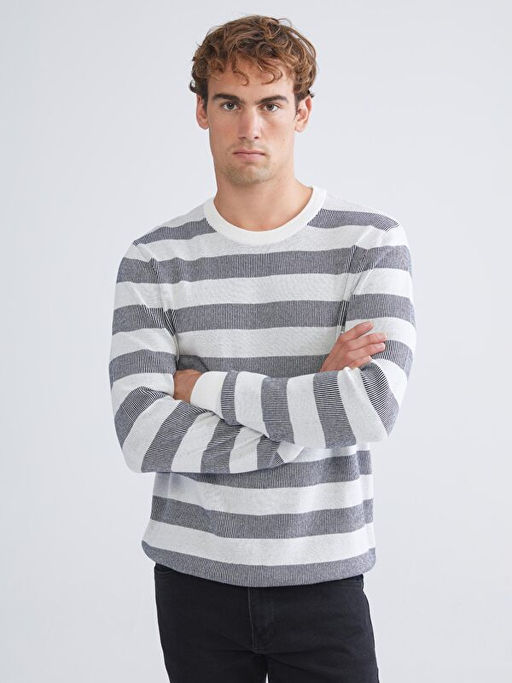 Bisiklet Yaka ?izgili Erkek Triko Kazak