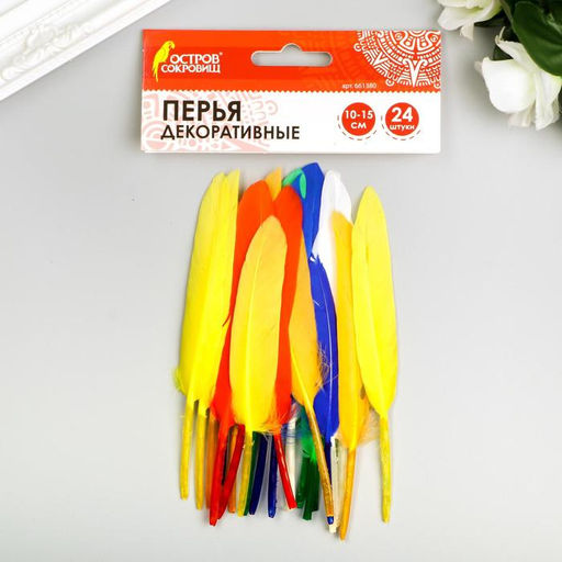 Перья декоративные прямые, 10-15 см (набор 24 шт) 6 цветов, яркие, ассорти