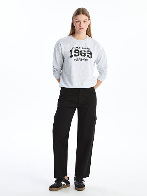 Bisiklet Yaka Bask?l? Kad?n Sweatshirt