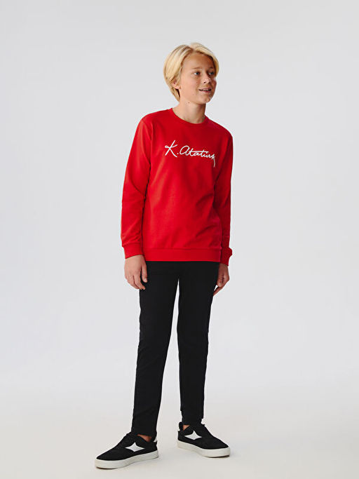 Bisiklet Yaka Atat?rk ?mza Bask?l? Erkek ?ocuk Sweatshirt