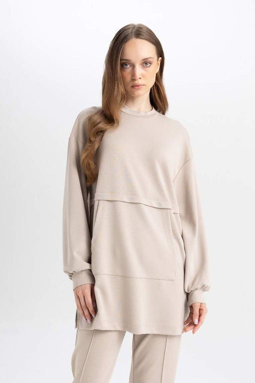 Толстовка-туника стандартного кроя с круглым вырезом - Defacto фото 3
