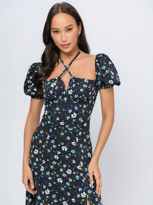 Платье темно-синего цвета с принтом длины миди со сборкой на лифе и короткими рукавами - 1001dress фото 4