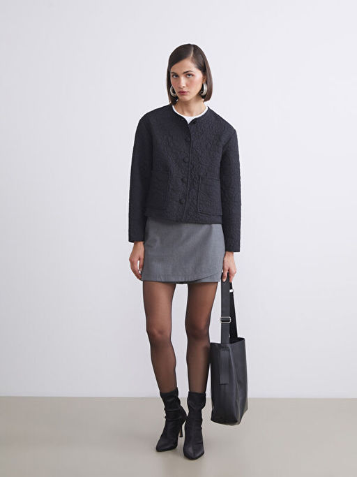 Bisiklet Yaka Kendinden Desenli Kad?n Ceket