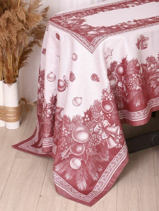 Скатерть Премиум Новогодние игрушки-бордо 150*220 см. п/лен - Лен поволжья фото 2