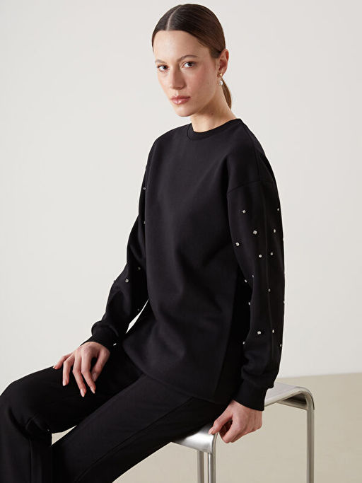 Bisiklet Yaka Parlak Ta?l? Kad?n Kal?n Sweatshirt Tunik