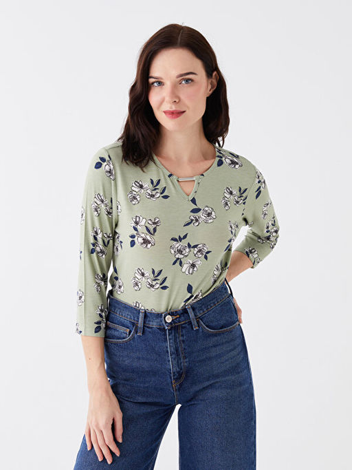 Bisiklet Yaka ?i?ekli Kad?n Bluz