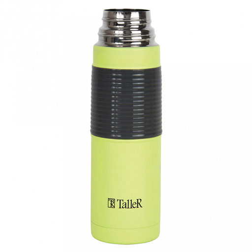 Термос из нержавеющей стали с узкой горловиной 1л "Лестер" д8,7см, h31,4см, горло д5,1см, кнопочный механизм, автостоппер, защита от проливания, завинчивающаяся крышка-стакан, силиконовый протектор, покрытие - салатовый глянец, чехол из экокожи серый