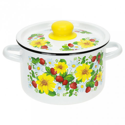 "Земляника" Кастрюля эмалированная 2,9л, д20см, h12см, цилиндрическая форма, металлическая крышка, белый (Россия)