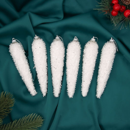 Ёлочные игрушки набор 6 шт. Сосулька пушистая сияние 12.52.5 см, белый