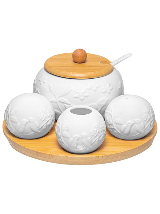 Набор 4 пр. 20,5*20,5*10 см "Птички на ветке"- Сахарница+Вазочка п/зубоч.,набор д/спец.2 пр.на бам.п