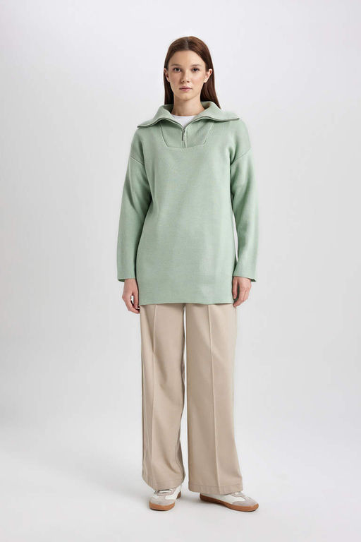 Туника обычного кроя с высоким воротником на молнии - Defacto фото 2