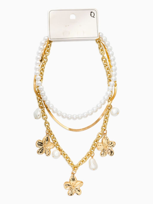 Колье многослойное с подвесками «Жемчуг с цветами», 3 уровня, 34, 36, 40 см, медь, белое в золоте