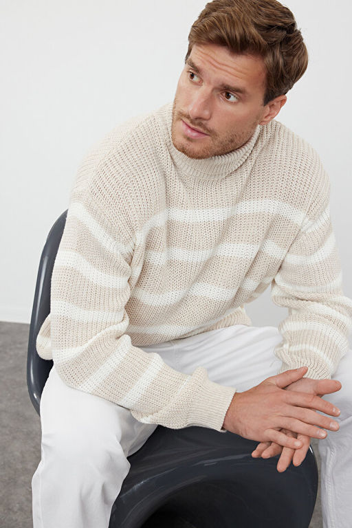 Bej Casual Oversize Bal_k__ Yaka _izgili Triko Kazak TMNAW24KZ00017 - Trendyolmilla фото 2