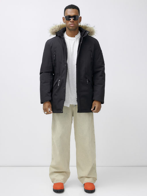 Парка мужская зимняя удлиненная с мехом черного цвета 606_1Ch - Mtforce фото 2