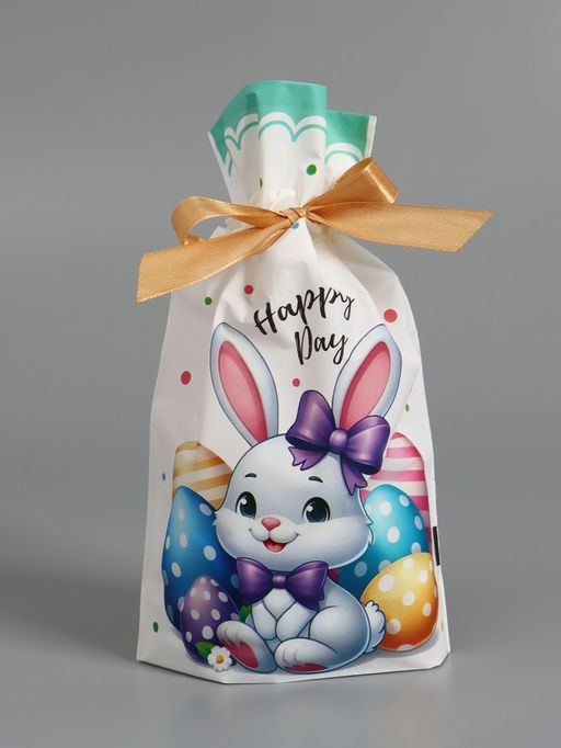 Цена за 50 шт. Пакет  полиэтиленовый подарочный "Заяц с цветами", с завязками, 15х23±1 см