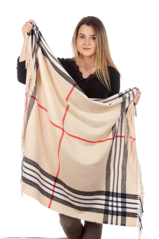 Платок женский теплый с кистями, с полосками MAGROM, светло-бежевый, 100x100 см, из вискозы и шерсти