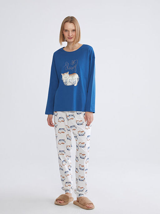 Bisiklet Yaka Kedi Bask?l? Kad?n Pijama Tak?m?