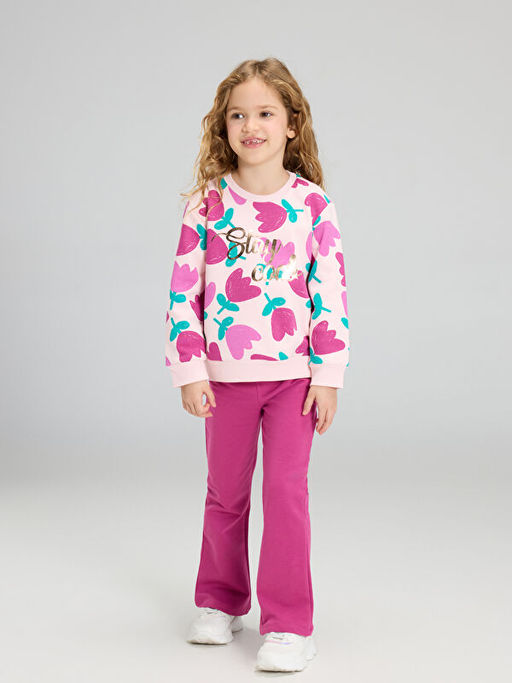 Bask?l? K?z ?ocuk Sweatshirt ve Tayt Pantolon 2li