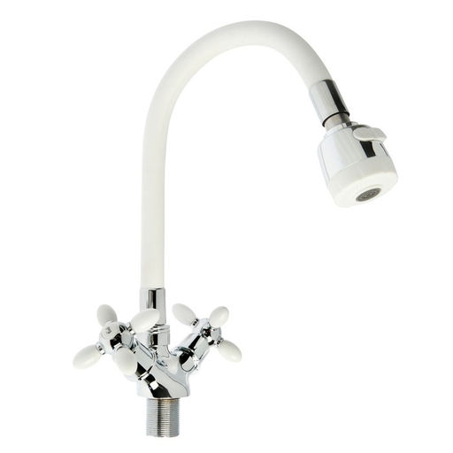 Смеситель для кухни ZEIN ZC2032, гибкий силиконовый излив,кран-букса латунь 1/2", белый/хром