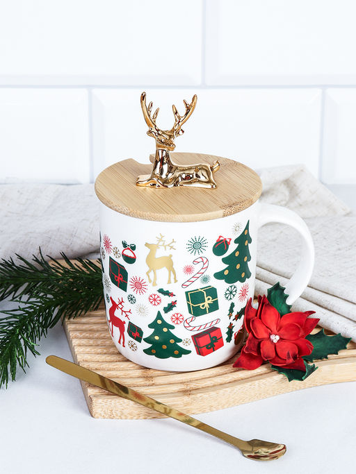 Кружка новогодняя с крышкой, ложка /400 мл/ HB-270 /уп 60/