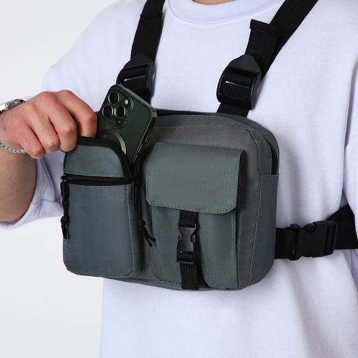 Сумка нагрудная на молнии, 2 наружных кармана, 21×3.5×16 см, серая