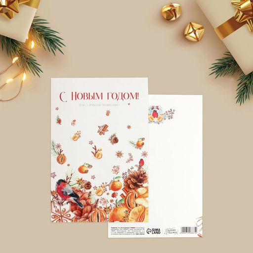 Цена за 10 шт. Открытка «Новогодний праздник» снегирь, 12х18см