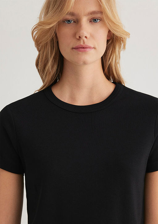 Bisiklet Yaka Siyah Basic Tisort - Mavi фото 5