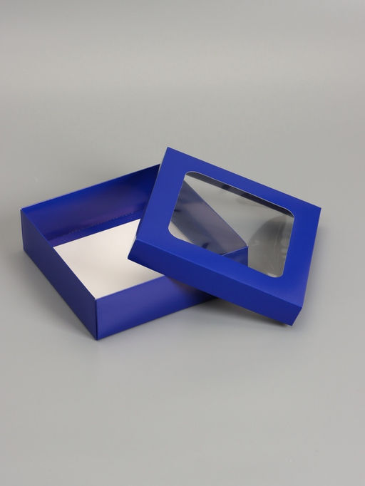 Цена за 5 шт. Коробка складная, крышка-дно, синяя, с окном 20 х 20 х 6 см