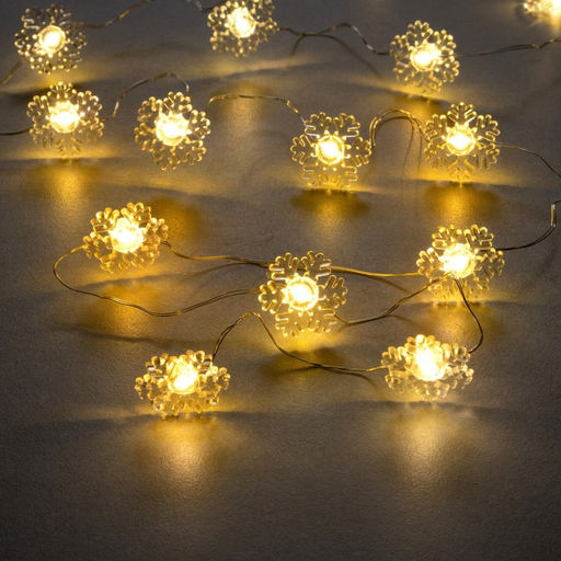 Гирлянда Нить 2 м роса с насадками Снежинка, IP20, серебристая нить, 20 LED, 2 режима, батарейки ААх2 (нет в комплекте), свечение тёплое белое