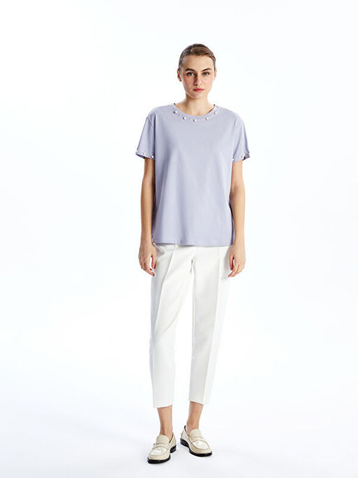 Bisiklet Yaka Boncuk ??lemeli Kad?n Ti??rt