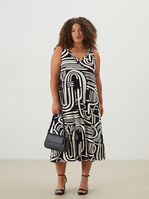 V Yaka Desenli Elbise