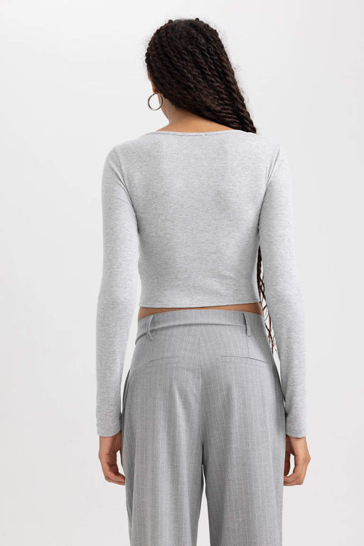 Приталенная футболка с длинными рукавами и круглым вырезом в рубчик - Defacto фото 9