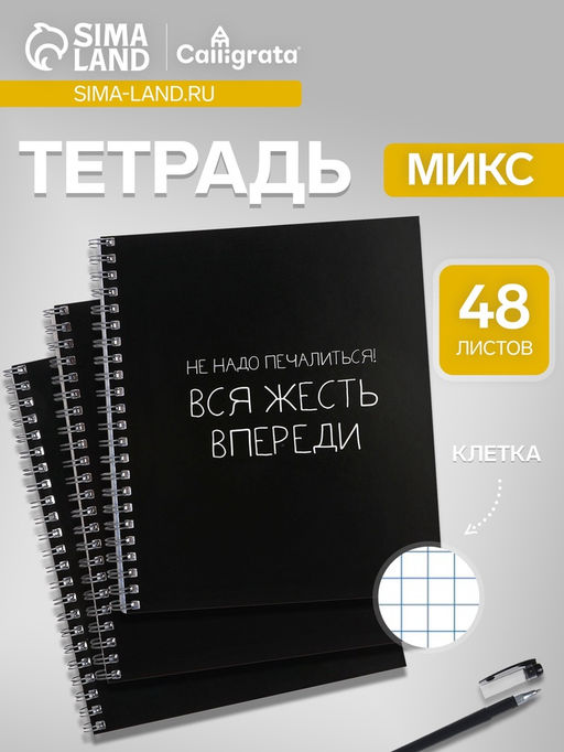 Цена за 3 шт. Тетрадь 48 листов в клетку, на гребне, Фразы на чёрном, МИКС