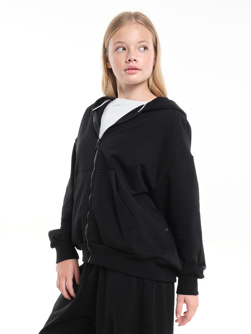 Толстовка зипка оверсайз с капюшоном на молнии 22-5610 черный