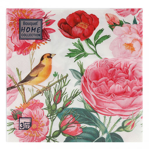 Салфетки бумажные Bouquet Home Collection Classic 33х33см, 3-х слойные, 20 штук в упаковке, 100% целлюлоза, Розы с птичкой (Россия)  фото 2
