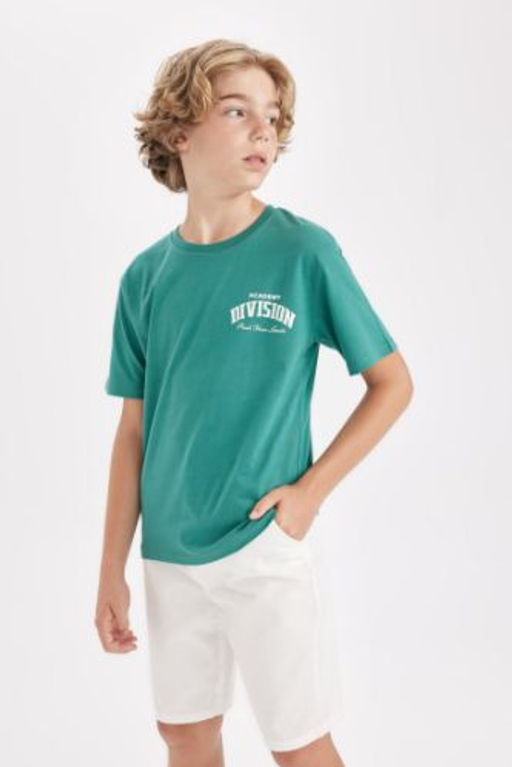Erkek Cocuk Oversize Genis Kal?p Bisiklet Yaka Bask?l? K?sa Kollu Tisort