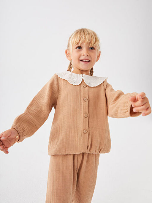 Bebe Yaka Uzun Kollu Pamuklu K?z Bebek Bluz ve Pantolon 2li Tak?m - Waikiki фото 3