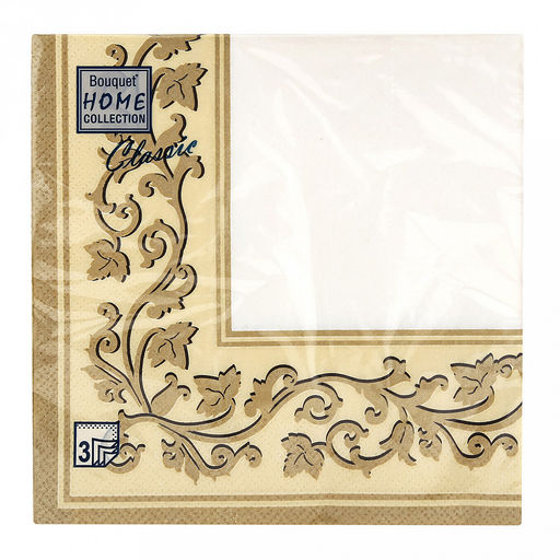 Салфетки бумажные Bouquet Home Collection Classic 33х33см, 3-х слойные, 20 штук в упаковке, 100% целлюлоза, Золотые узоры бежевый фон (Россия)  фото 2