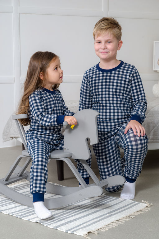 Пижама подростковая из кулирки пенье на манжетах Дрёма клетка синяя - Амадэль фото 40