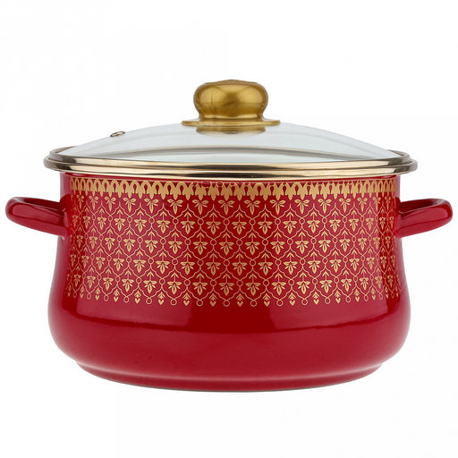 Набор эмалированных кастрюль "Ажурный" 3 предмета: 2л, 3л, 4л, цилиндрическая форма, стекляннеая крышка с пластмассовой ручкой, ободок из нержавеющей стали, бордовый (Россия)
