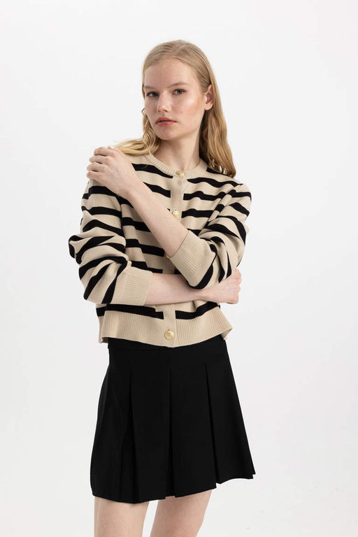 Полосатый кардиган обычного кроя с круглым вырезом - Defacto фото 4