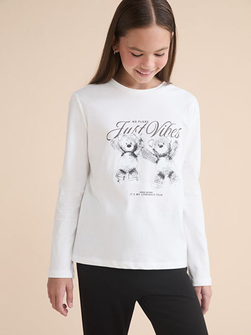 Bisiklet Yaka Uzun Kollu Bask?l? K?z ?ocuk Ti??rt