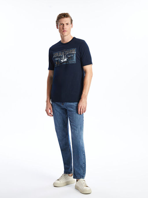 Bisiklet Yaka Bask?l? Penye Erkek Ti??rt